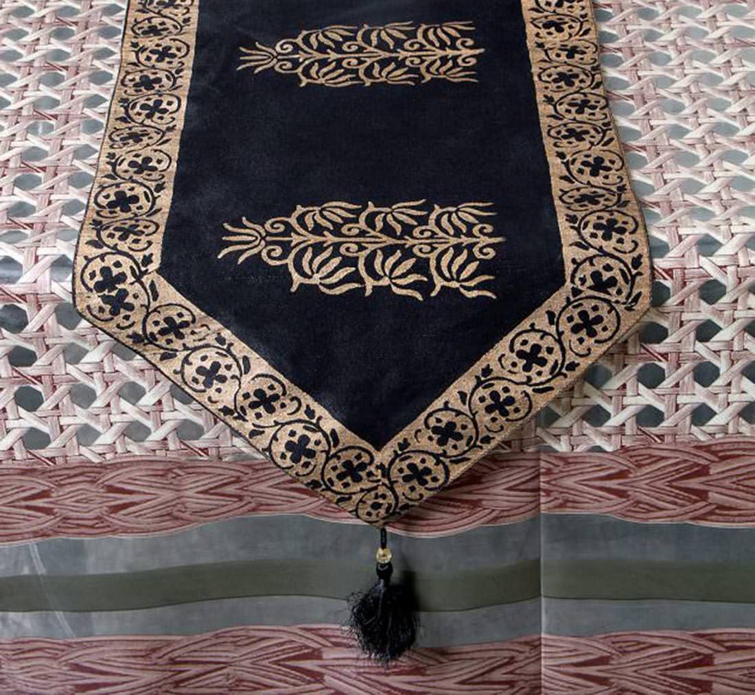 Royal Gold Hand Block Printed Silky Table Runner - Black - Image 3