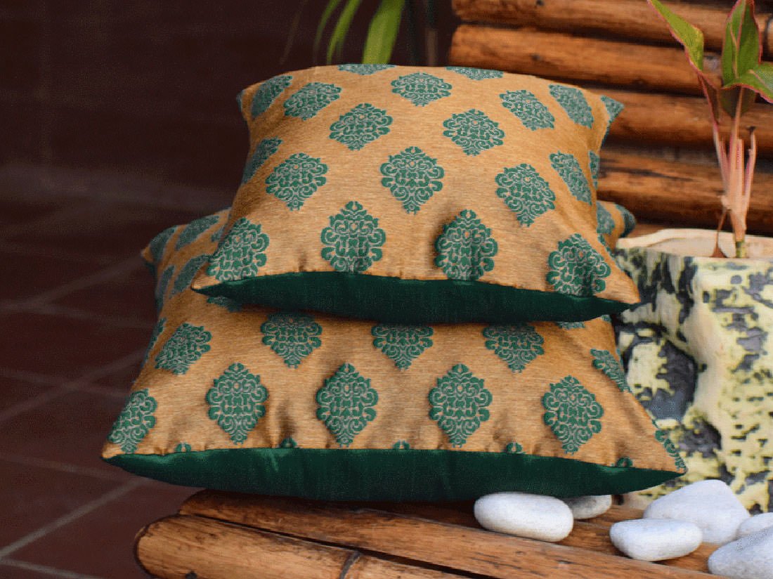 Premium Quality Teal Green & Golden Brown Brocade Embossed Design Cushion Covers - Image 3