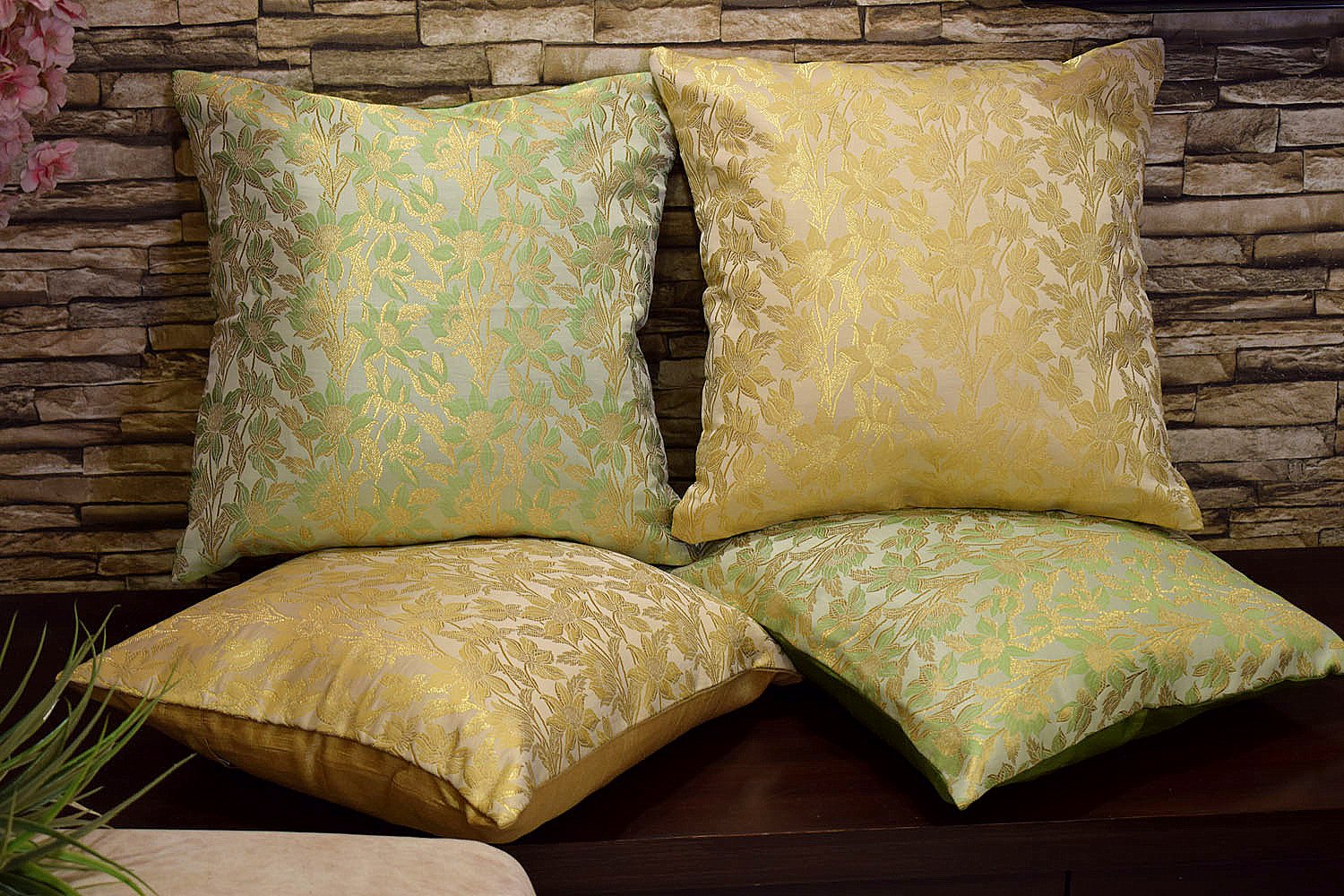 Bageecha Floral Brocade Silk Cushion Covers Combo (Beige & Sage Green) - Image 3