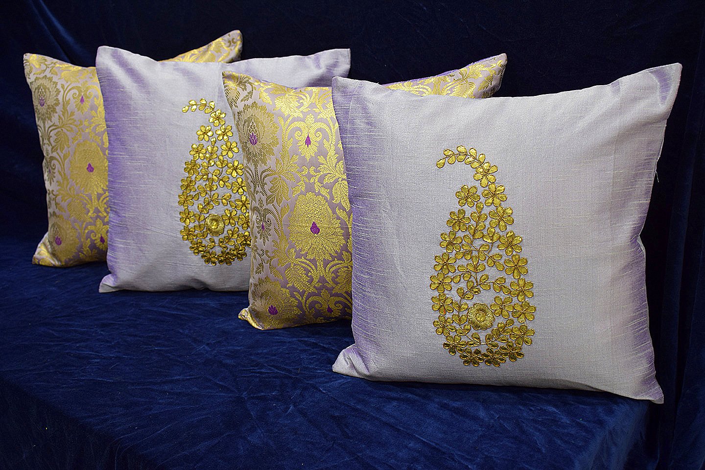 Assorted Lavender Mughal Banarasi Brocade & Paisley Hand Embroidered Cushion Covers - Set of 4 - Image 4