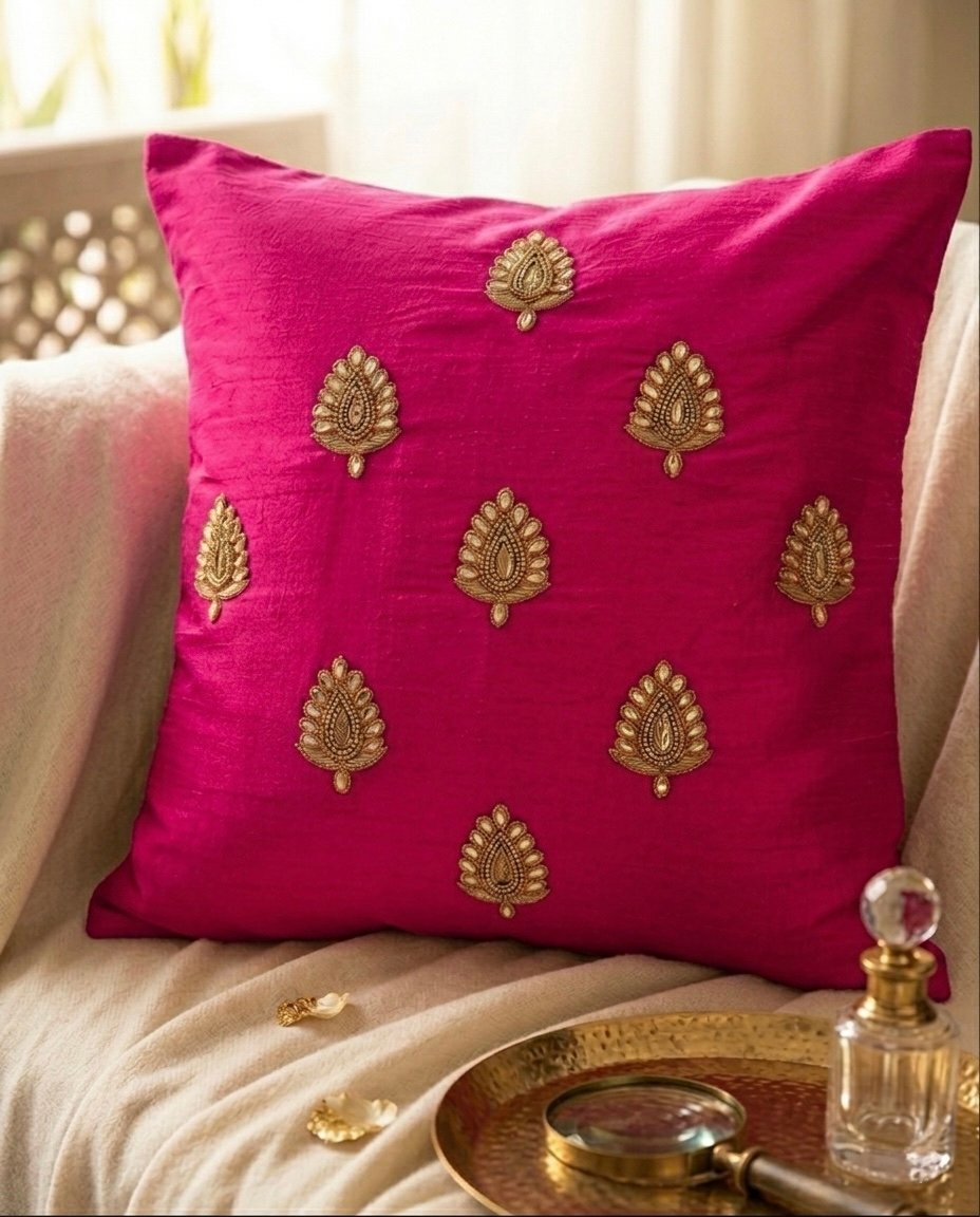 Swarn Paan Patti Beads, Kundan & Zari Hand Embroidery Magenta Cushion Covers - Image 3