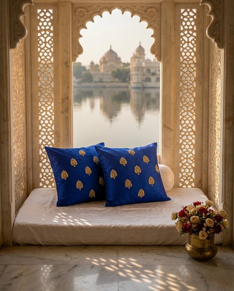 Swarn Paan Patti Beads, Kundan & Zari Hand Embroidery Blue Cushion Covers - Image 6