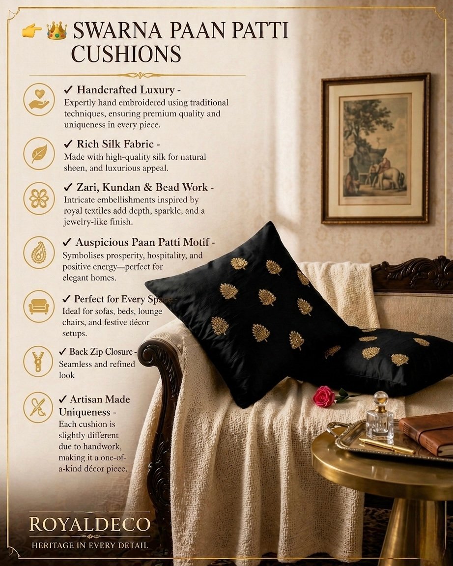 Swarn Paan Patti Beads, Kundan & Zari Hand Embroidery Black Cushion Covers - Image 3