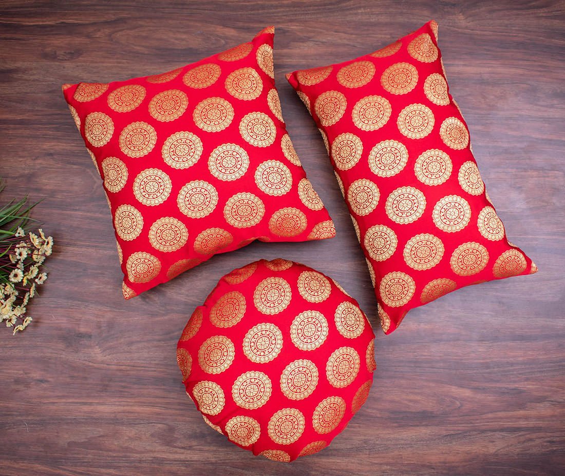 Mandala Brocade Silk Rectangular Cushion Covers (Red & Golden) - Image 3