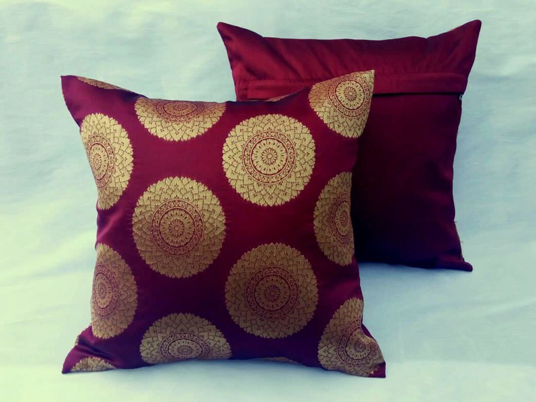 Premium Quality Maroon & Golden Designer Circle Brocade Cushion Covers - Image 3