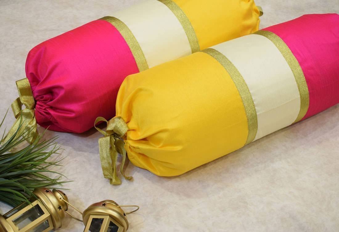 TRI Color Golden Zari Decorative Bolster Covers (Yellow, Ivory, Magenta) - Image 3