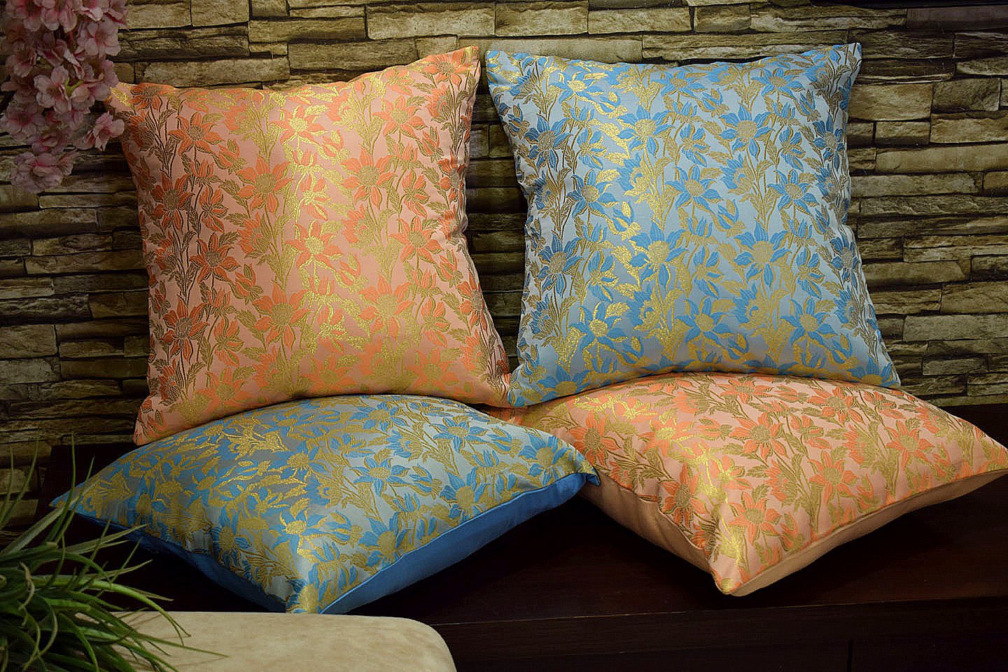 Bageecha Floral Brocade Silk Cushion Covers Combo (Peach & Sky Blue) - Image 3