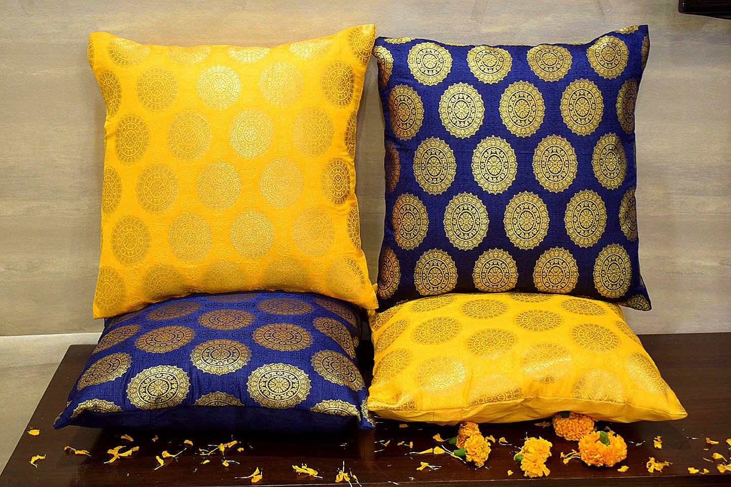 Mandala Brocade Silk Cushion Covers Combo (Blue & Yellow) - Image 3