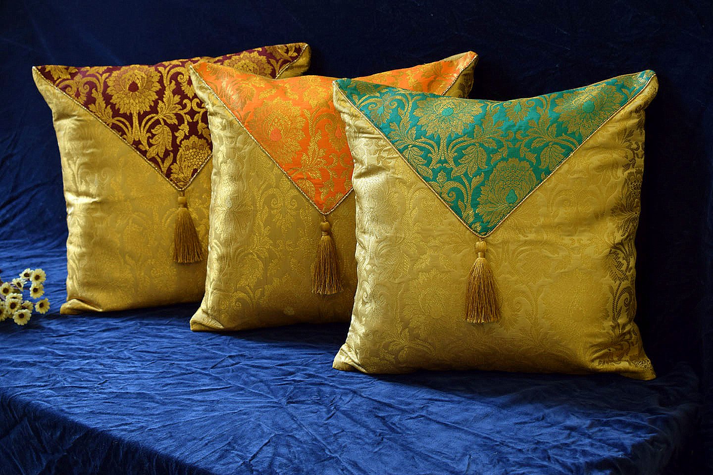 Jashan-E-Mehrang Cushion Covers Combo (Wine, Orange, Turquoise Green) - Image 2