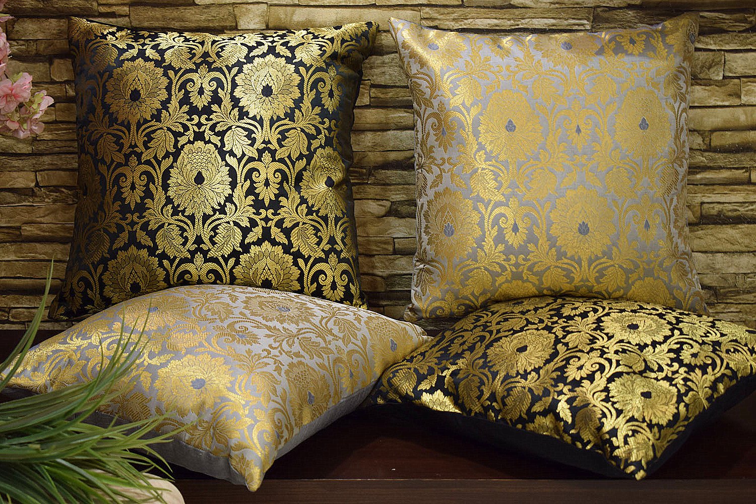 MUGHAL BANARASI Brocade Cushion Covers Combo (Black & Grey) - Image 3
