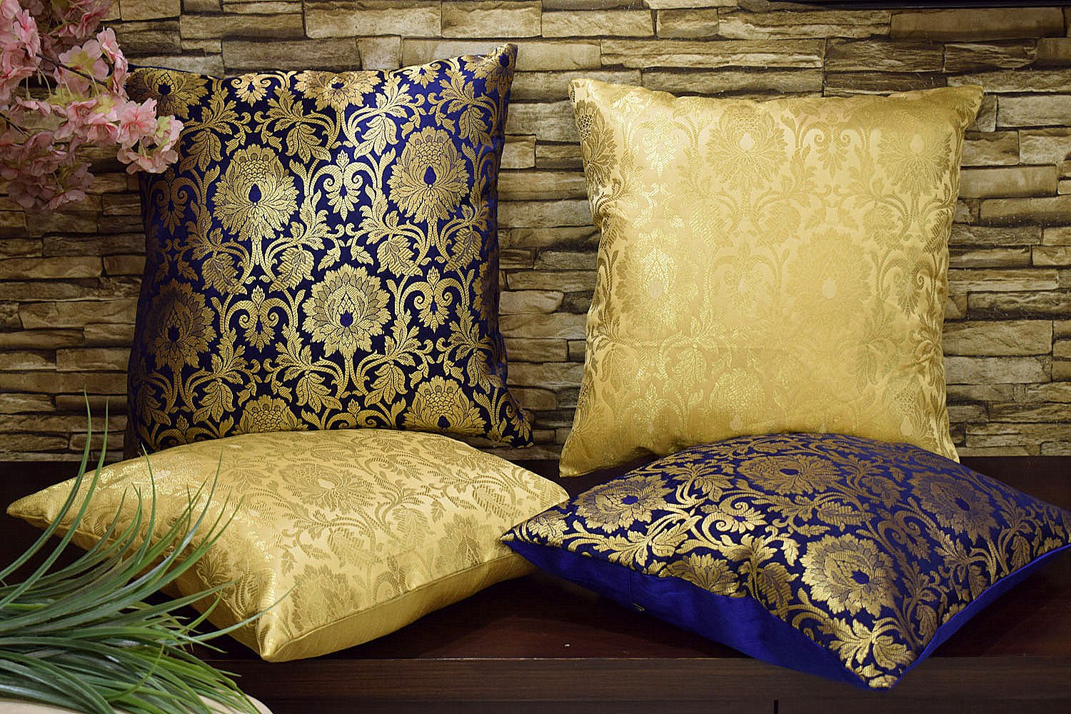 MUGHAL BANARASI Brocade Cushion Covers Combo (Marigold & Blue) - Image 3