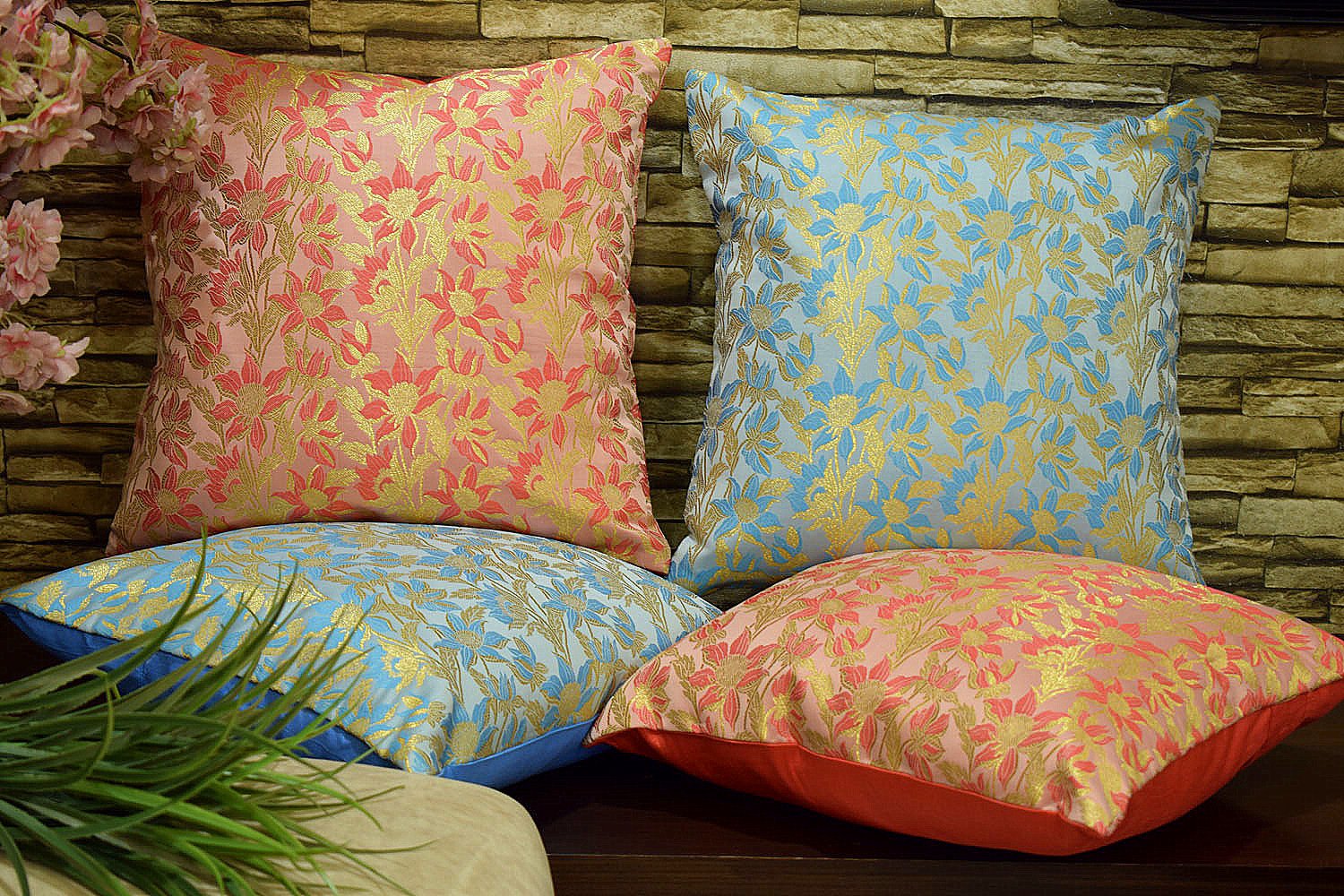 Bageecha Floral Brocade Silk Cushion Covers Combo (Sky Blue & Coral) - Image 3