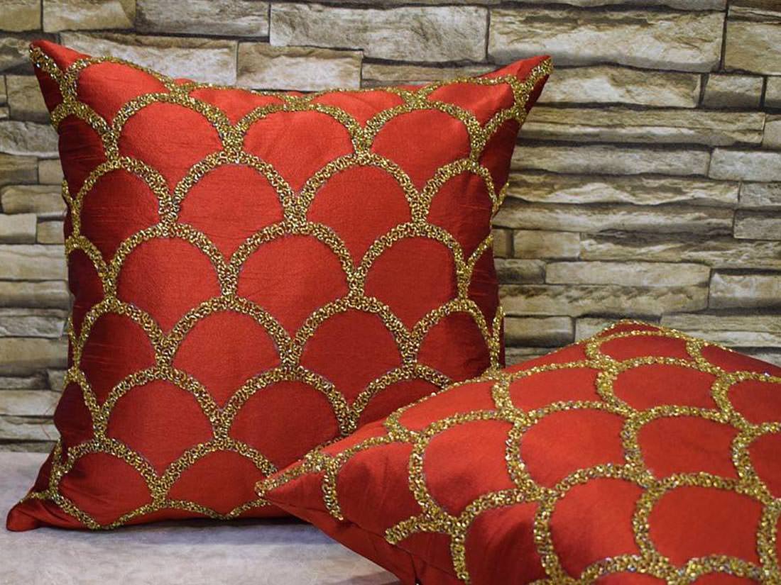 Criss Cross Hand Embroidered Moroccan Gold Embellished Maroon Cushion Covers - Image 3