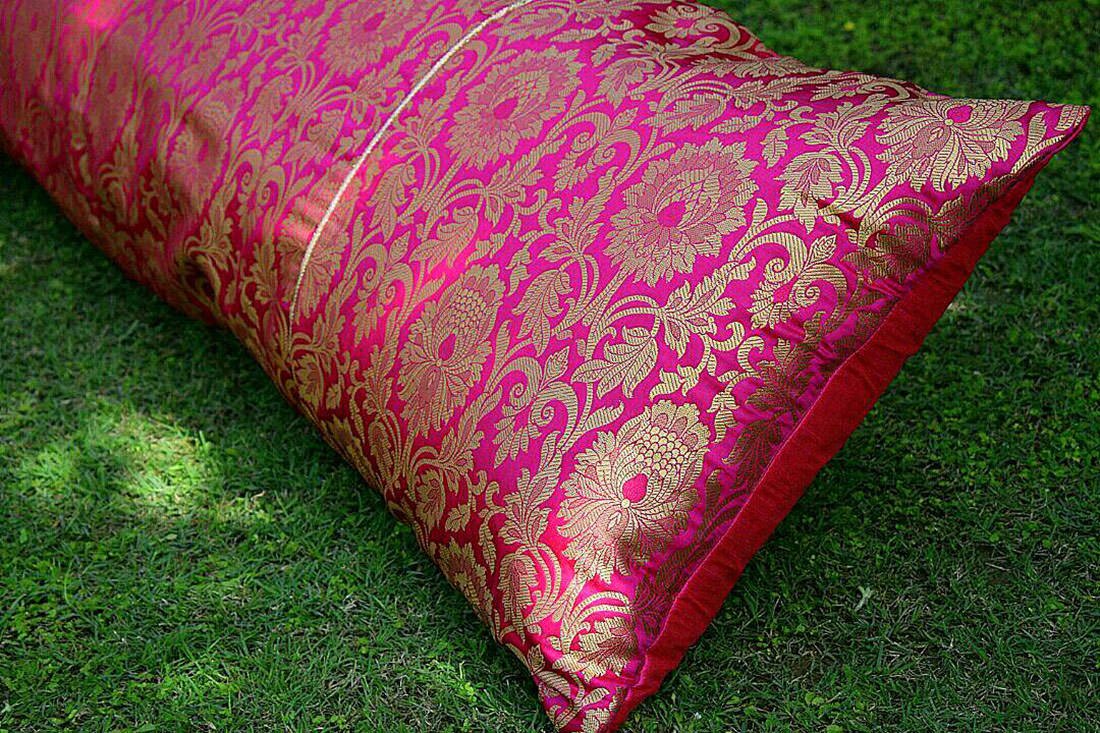 Extra Long Buogainvillea Pink & Golden Mughal Banarasi Brocade Pillow Cover With Filler - Image 3