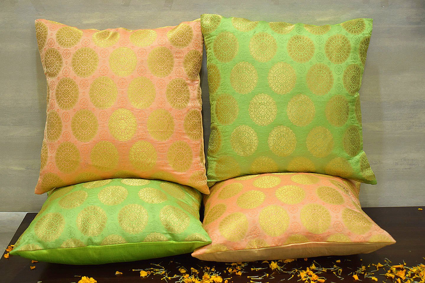 Mandala Brocade Silk Cushion Covers Combo (Green & Coral) - Image 3