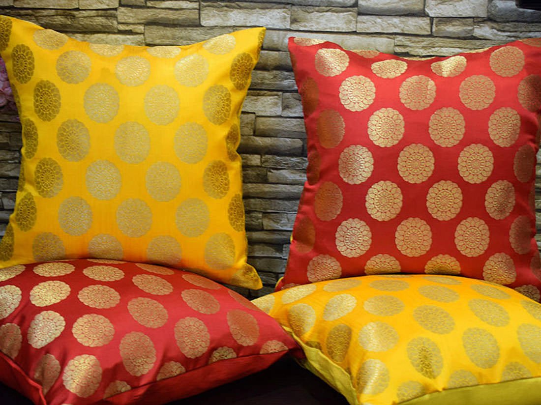 Mandala Brocade Silk Cushion Covers Combo (Red & Yellow) - Image 2