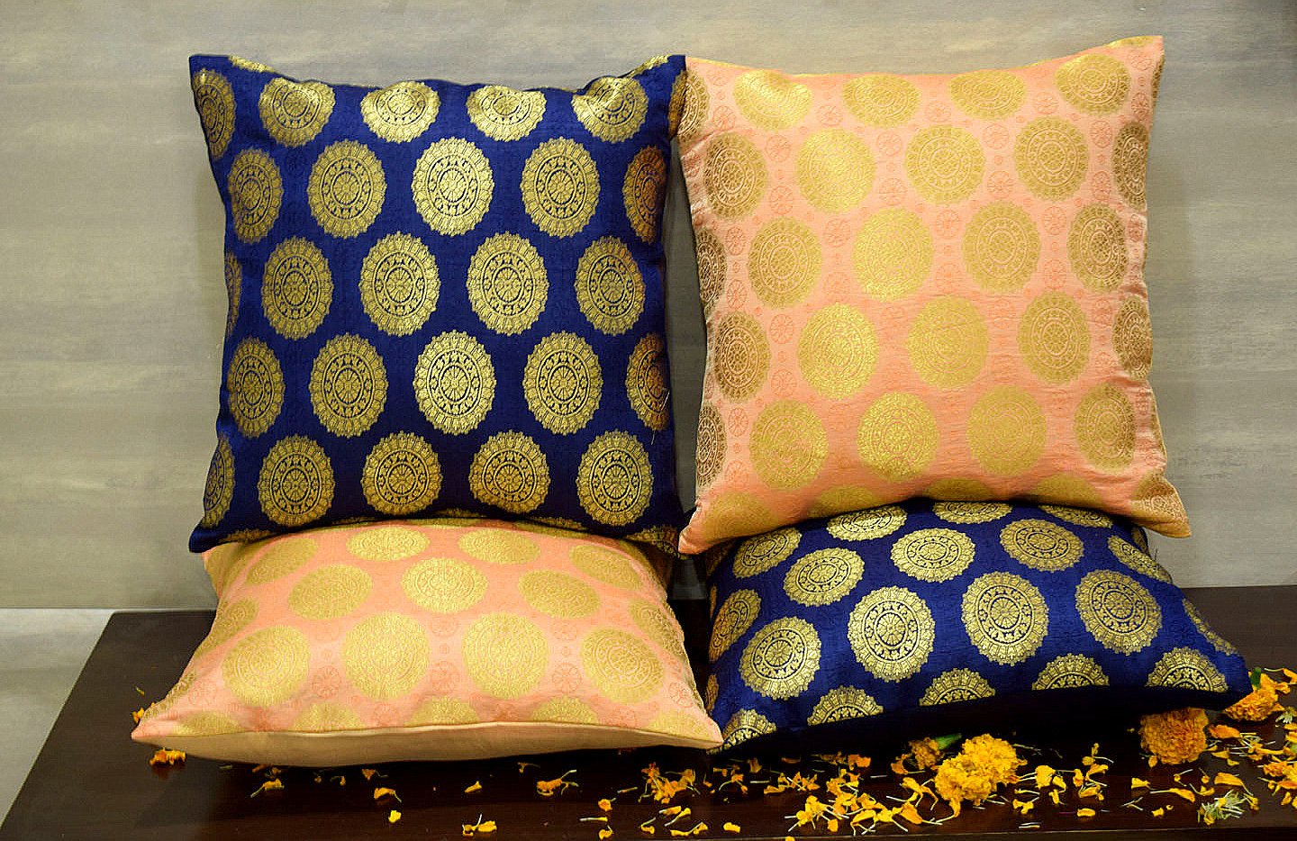 Mandala Brocade Silk Cushion Covers Combo (Blue & Coral) - Image 3