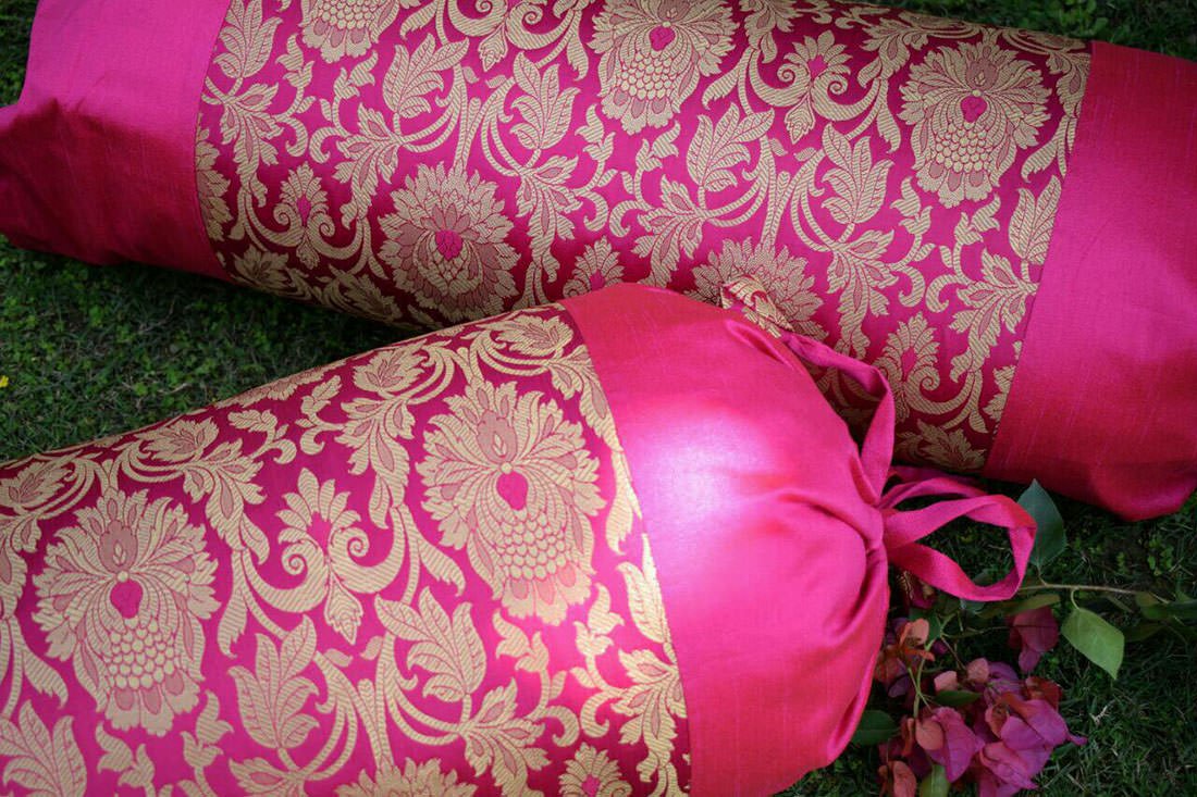 5 Piece Pure Brocade Bougainvillea Pink & Golden Classic MUGHAL BANARASI Design Diwan Set Combo - Image 3