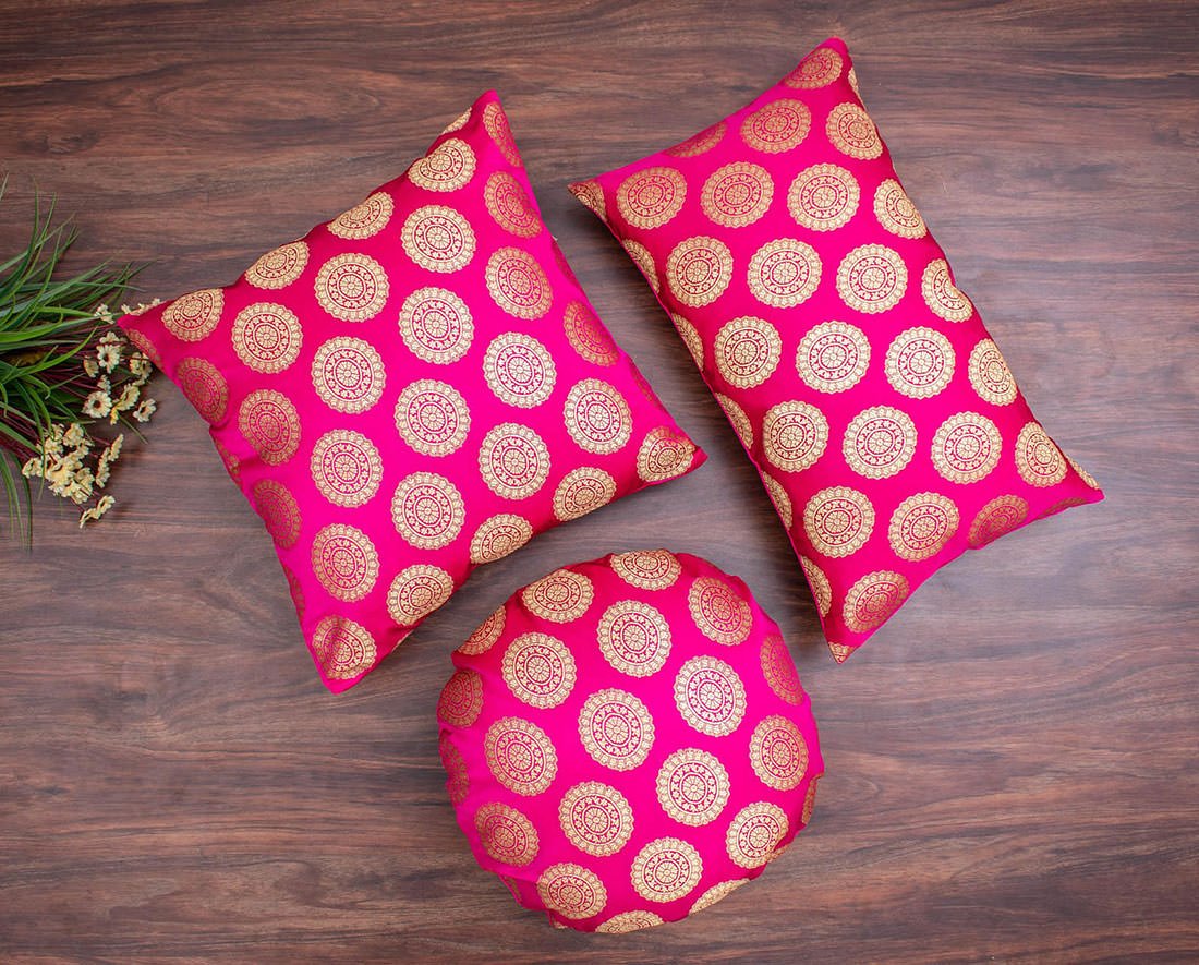 Mandala Brocade Silk Rectangular Cushion Covers (Magenta & Golden) - Image 3