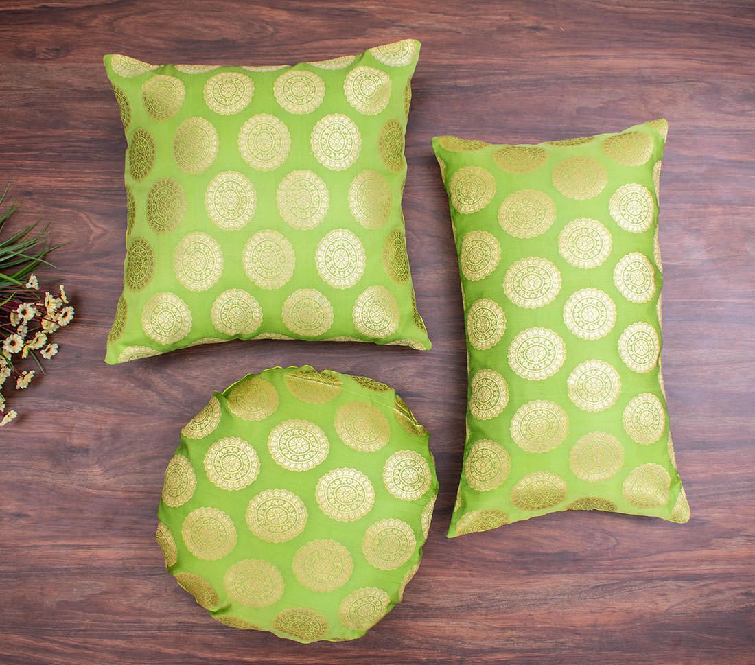 Mandala Brocade Silk Cushion Covers (Green & Golden) - Image 3