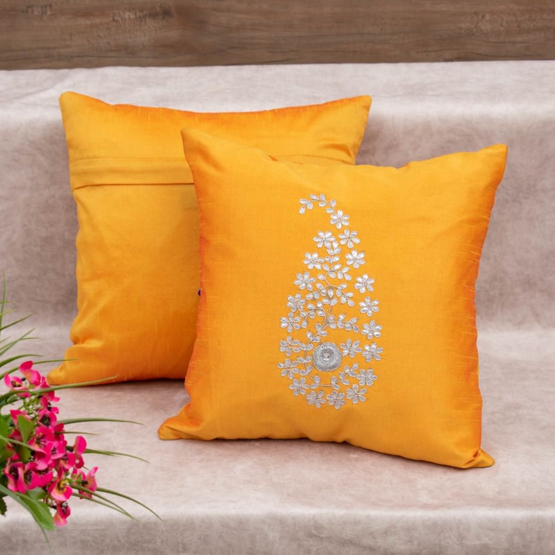 Rustic Yellow & Silver Paisley Gota Patti Hand Embroidery - Image 2