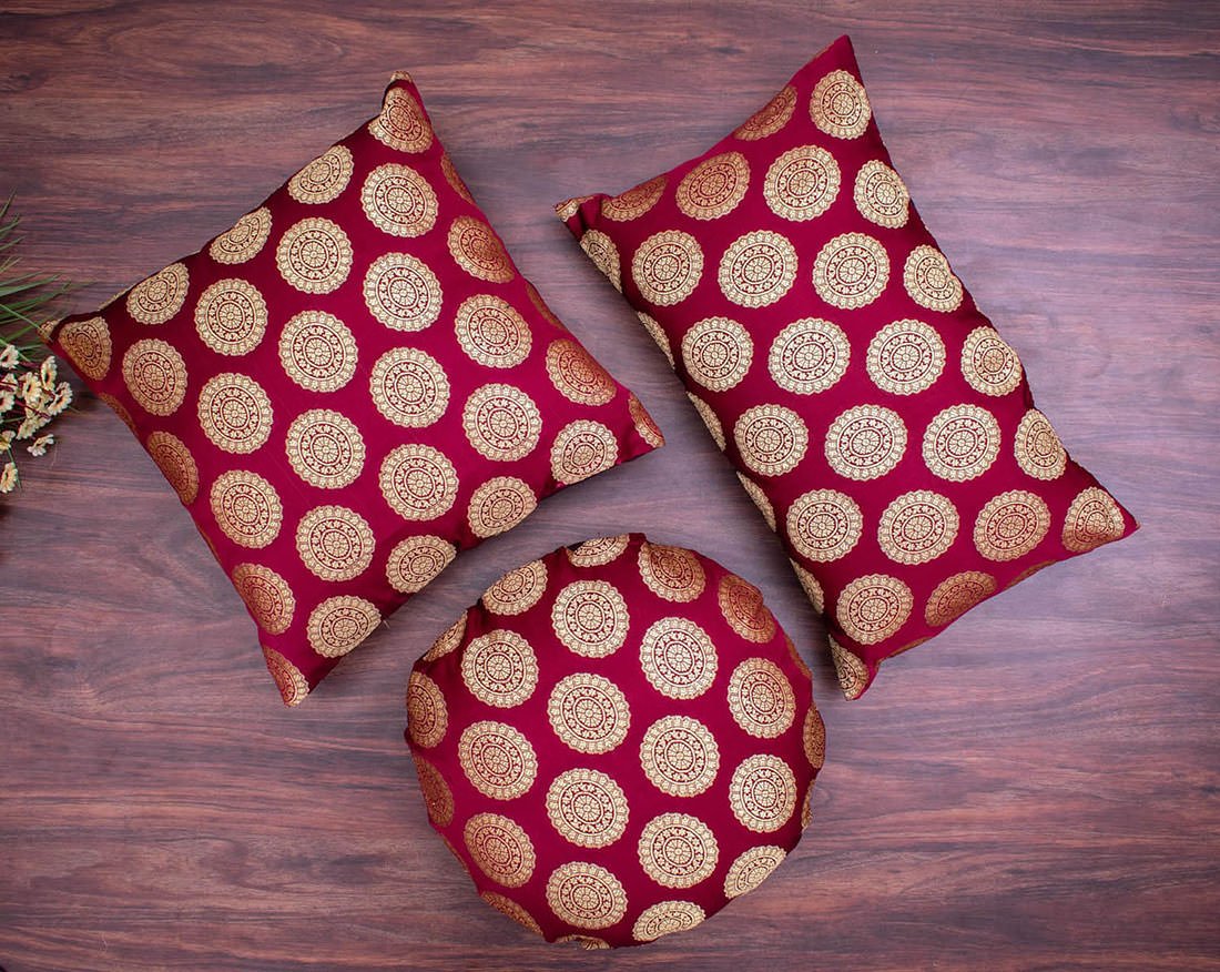 Mandala Brocade Silk Cushion Covers (Maroon & Golden) - Image 3
