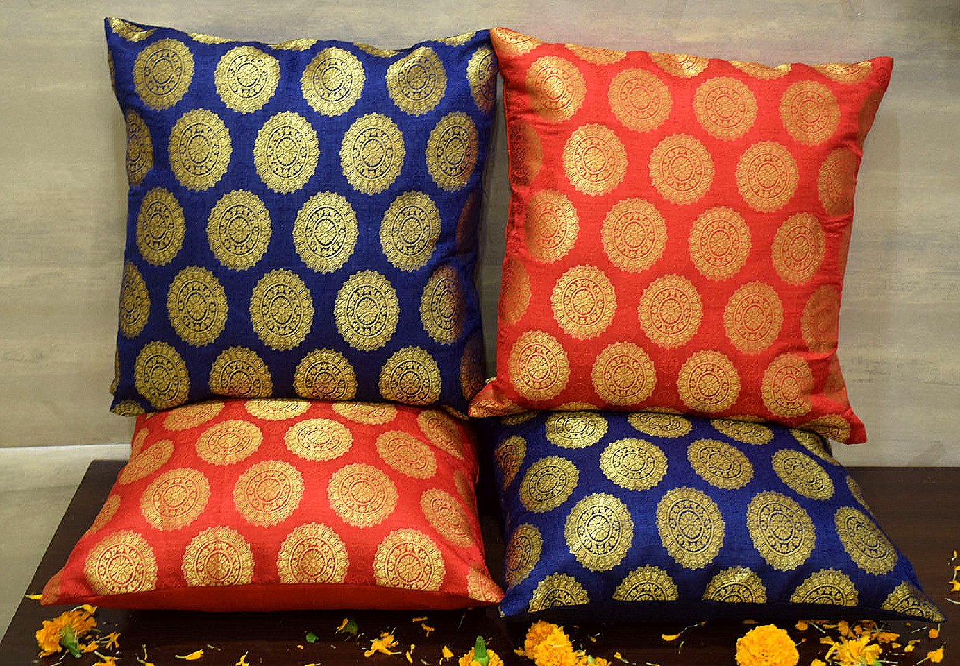 Mandala Brocade Silk Cushion Covers Combo (Blue & Red) - Image 3