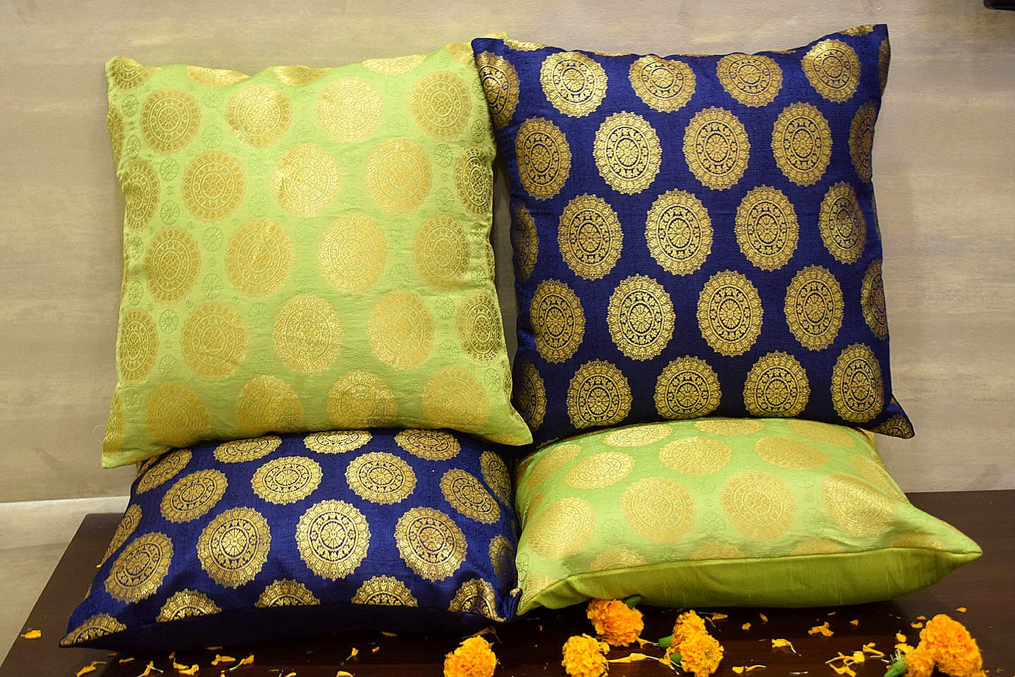 Mandala Brocade Silk Cushion Covers Combo (Blue & Green) - Image 3