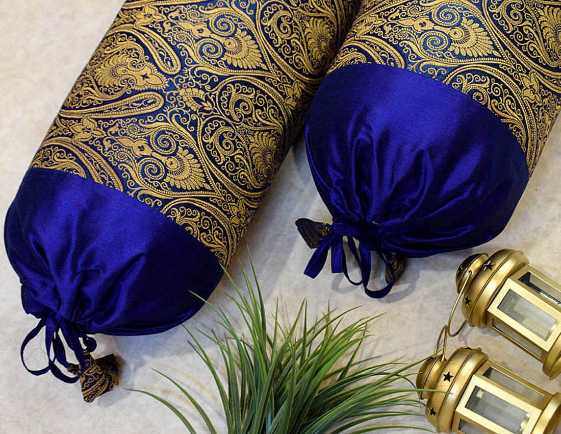 Exuberant & Luxurious 5 Piece Pure Brocade Golden & Blue Classic Jamawar Design Diwan Set - Image 3