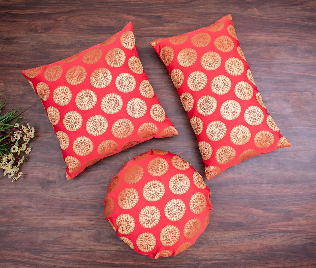 Mandala Brocade Silk Cushion Covers (Peach & Golden) - Image 3