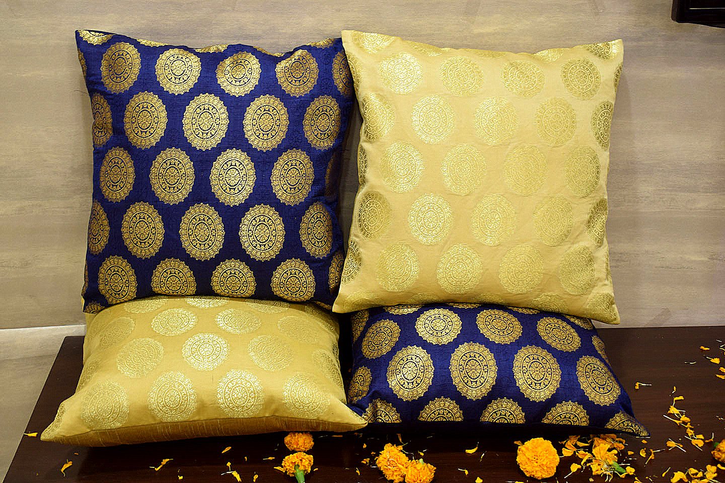 Mandala Brocade Silk Cushion Covers Combo (Blue & Beige) - Image 3