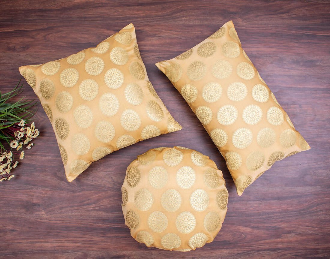 Mandala Brocade Silk Cushion Covers (Beige & Golden) - Image 3