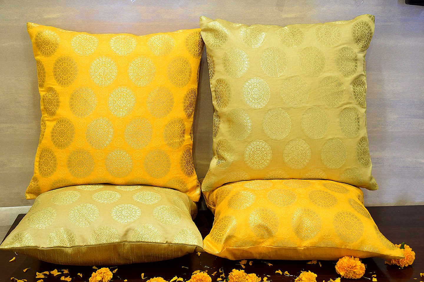 Mandala Brocade Silk Cushion Covers Combo (Beige & Yellow) - Image 3