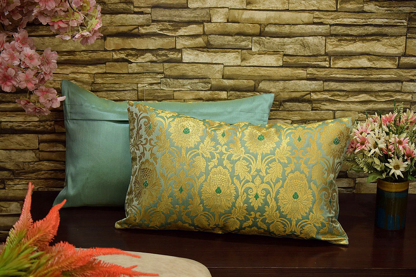 MUGHAL BANARASI Brocade Long Rectangular Cushion Covers (Sage Green & Golden) - Image 3