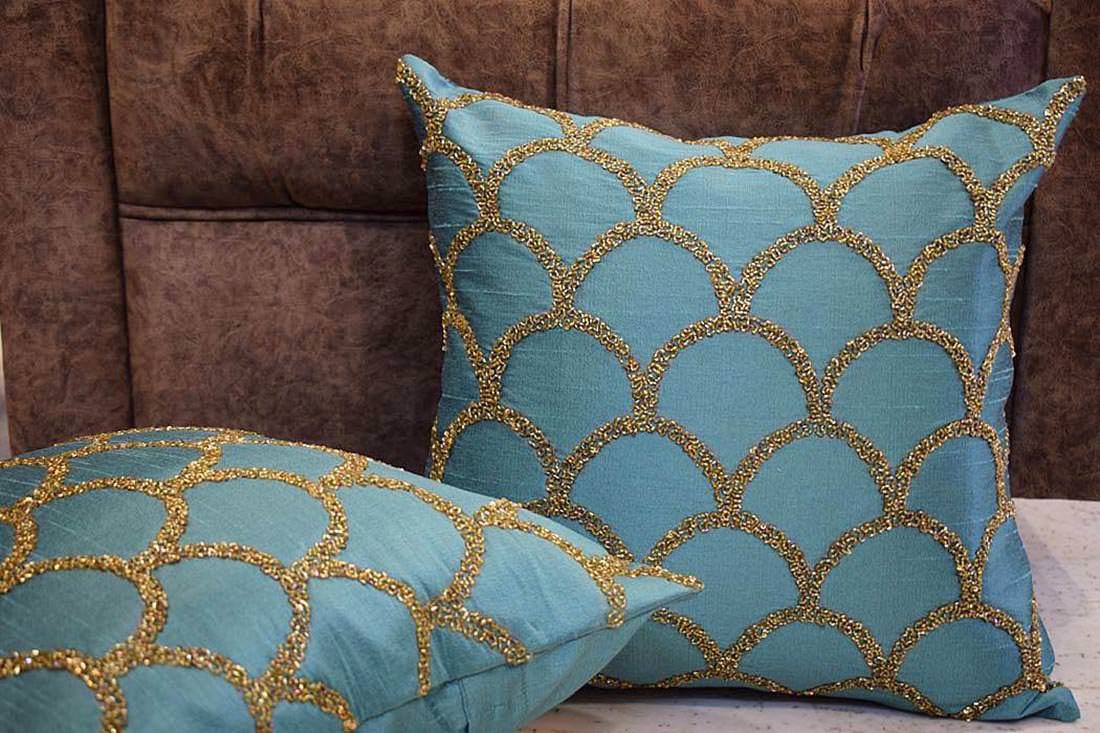 Criss Cross Hand Embroidered Moroccan Gold Embellished Mint Green Cushion Covers - Image 3