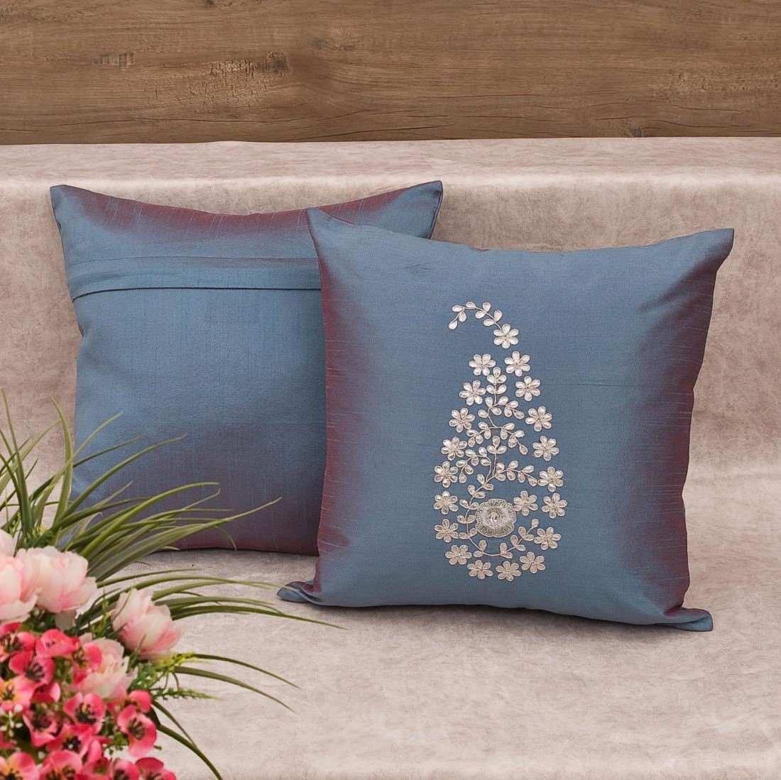 Steel Blue & Silver Paisley Gota Patti Hand Embroidery - Image 2