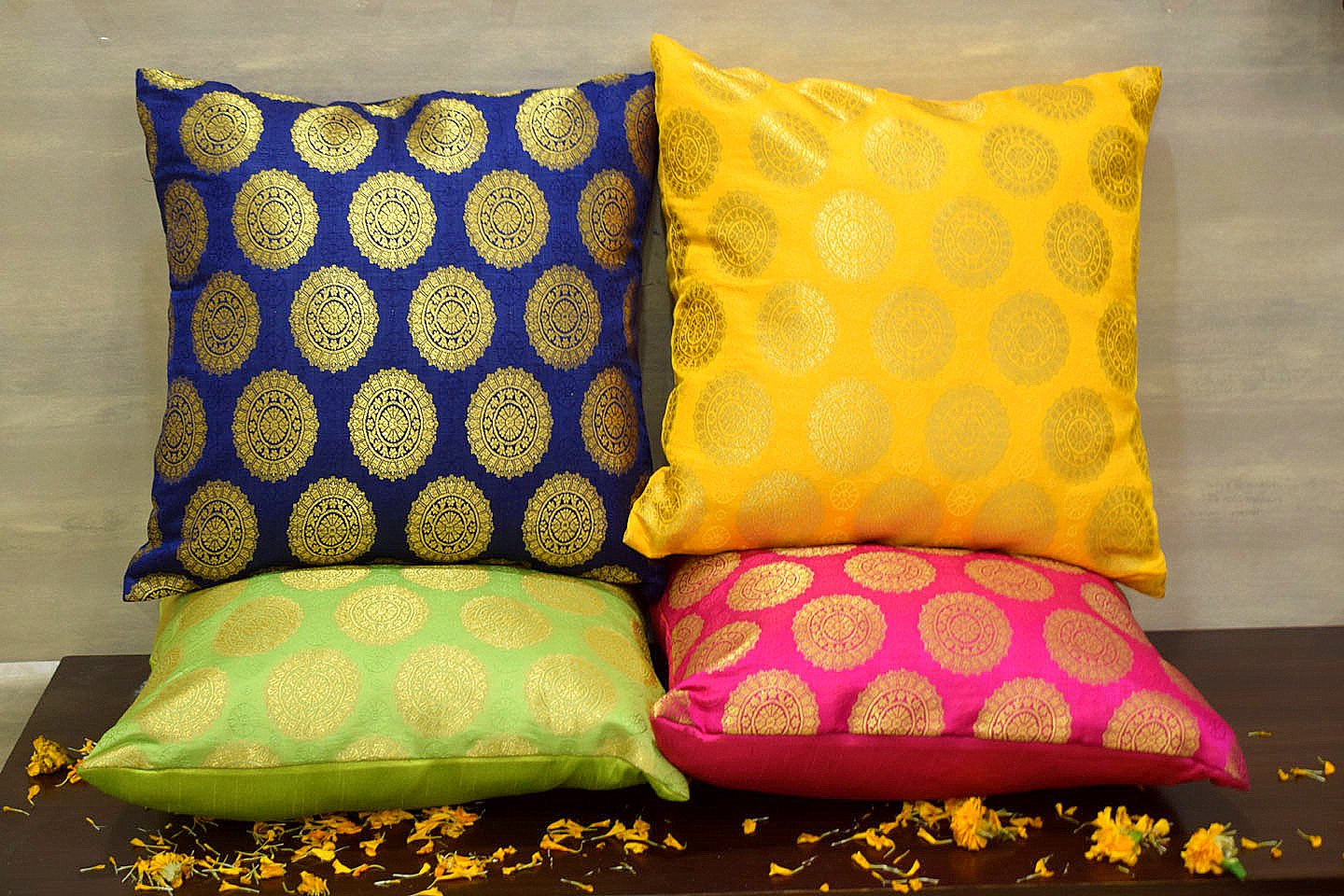 Mandala Brocade Silk Cushion Covers Combo Multi- 1 (Blue, Yellow, Magenta, Green) - Image 3