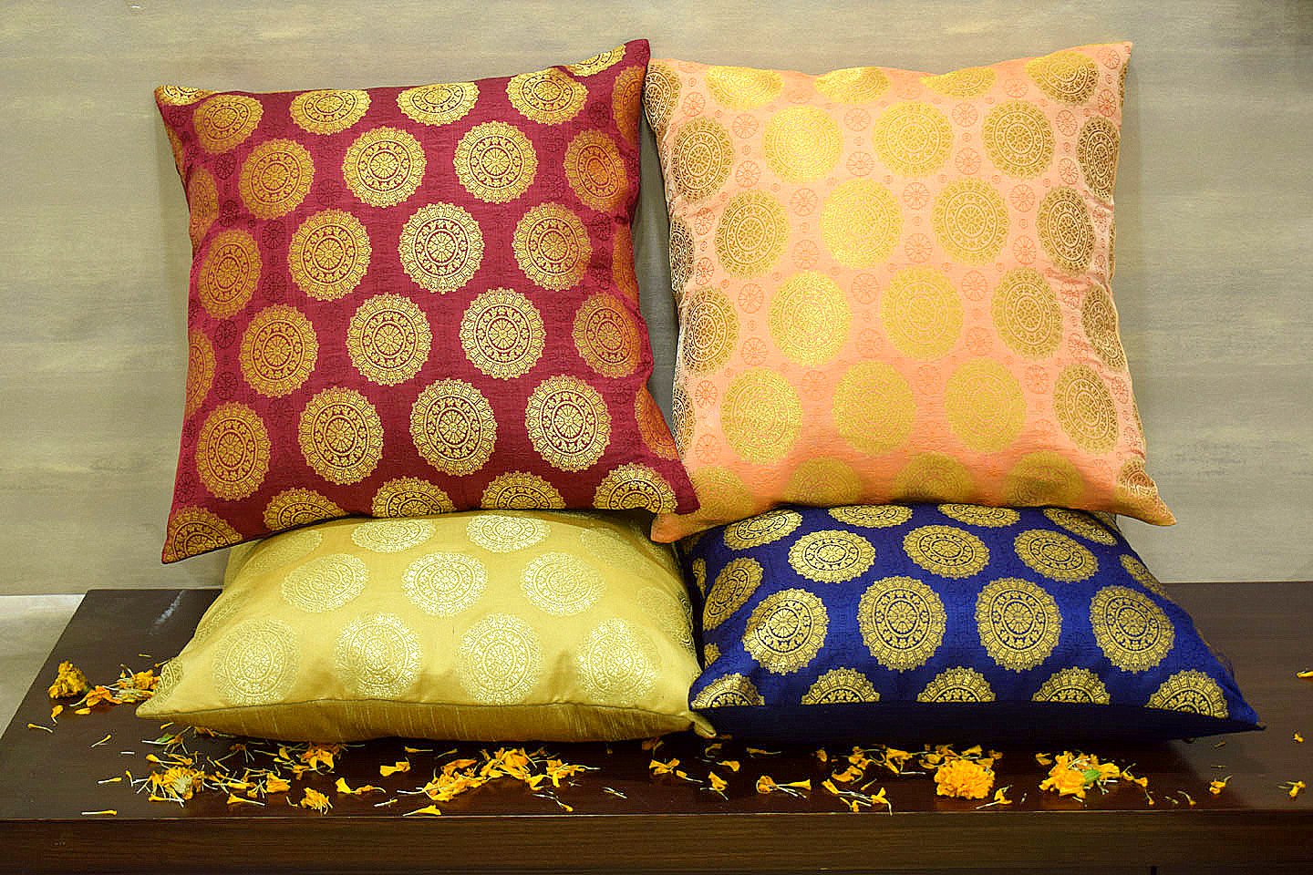 Mandala Brocade Silk Cushion Covers Combo Multi- 3 (Blue, Coral, Beige, Maroon) - Image 3