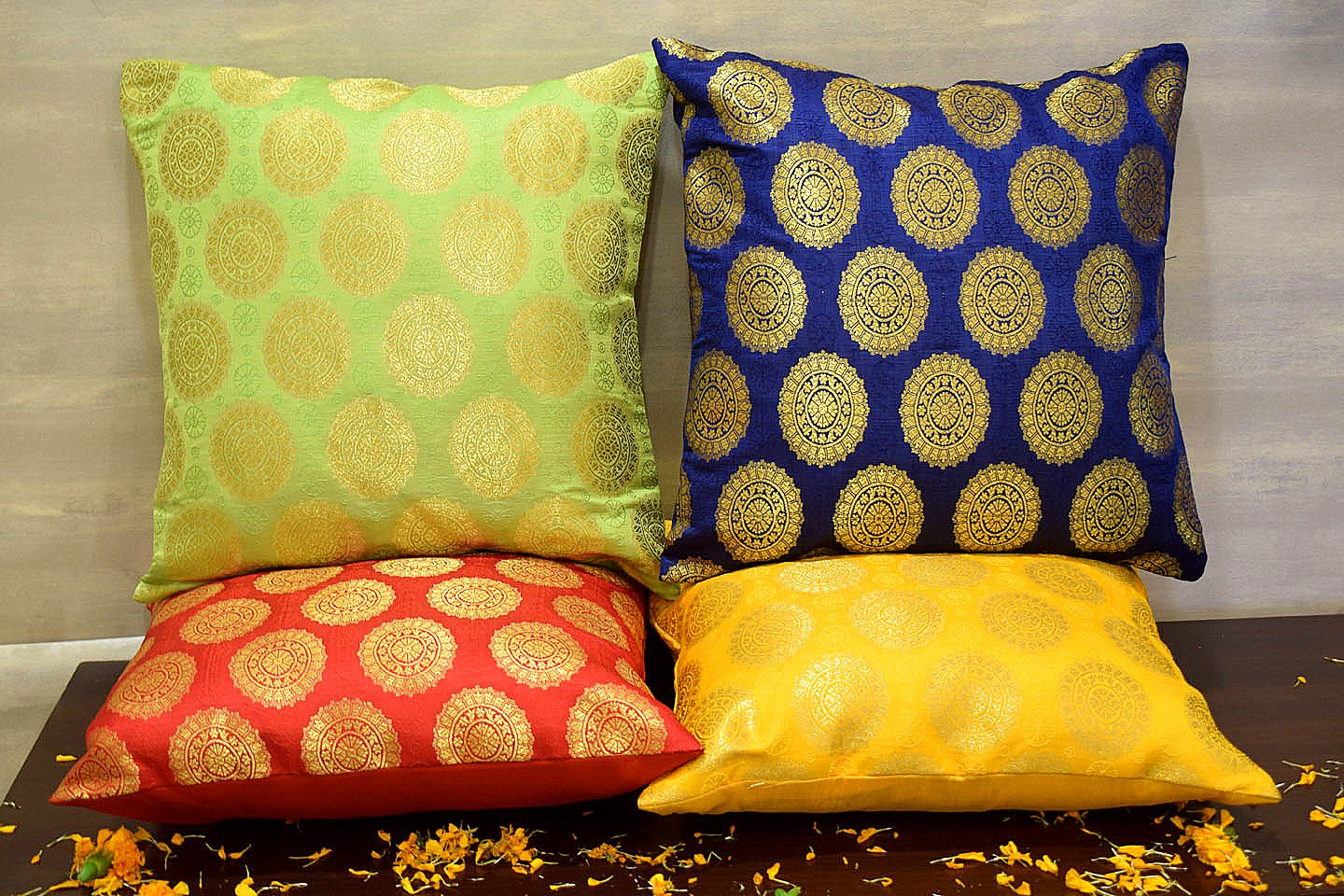 Mandala Brocade Silk Cushion Covers Combo Multi- 6 (Blue, Yellow, Red, Green) - Image 3