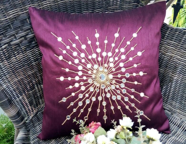 Hand Embroidered Big Bang Sparkling Rays Mirror Work Royal Wine Cushion Covers - Image 3