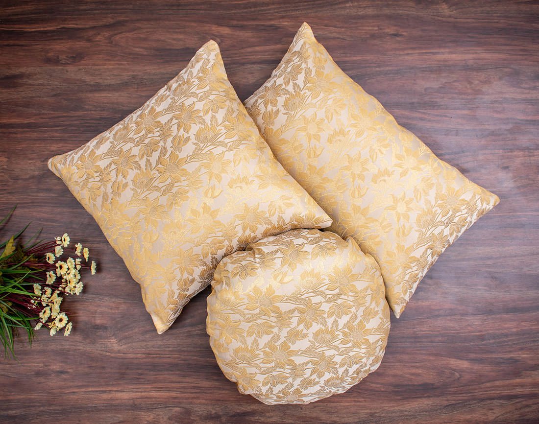 Beige Bageecha Floral Brocade Silk Cushion Covers - Image 3