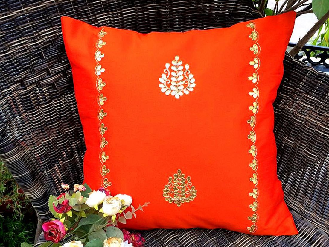 Hand Embroidered Gotta Patti Ethnic Cushion Covers on Flamboyant Orange - Image 3