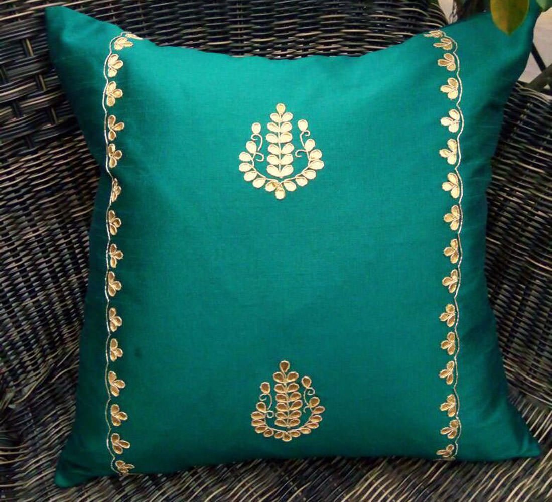 Hand Embroidered Gotta Patti Ethnic Cushion Covers on Peacock Green - Image 4