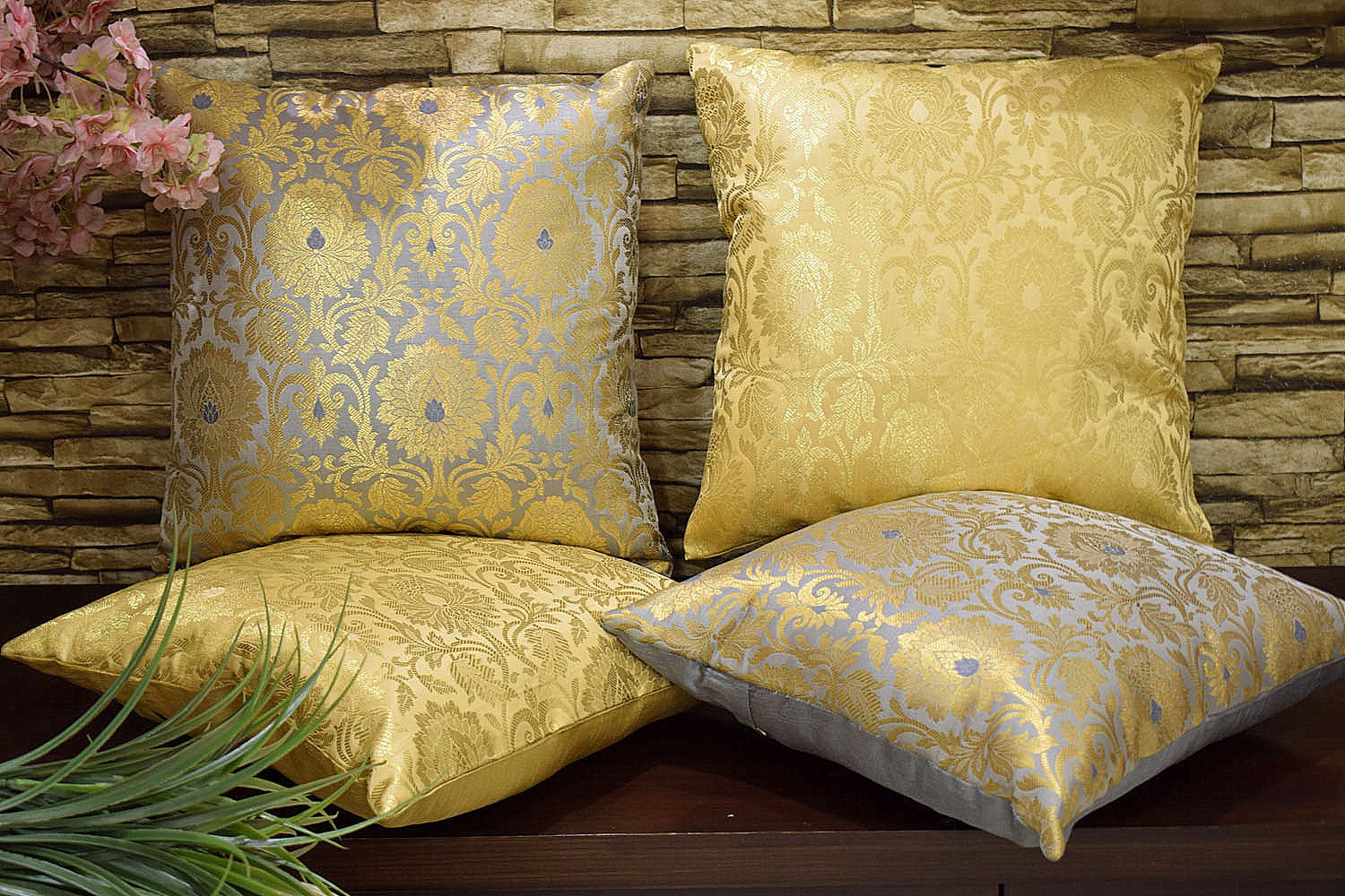 MUGHAL BANARASI Brocade Cushion Covers Combo (Marigold & Grey) - Image 3