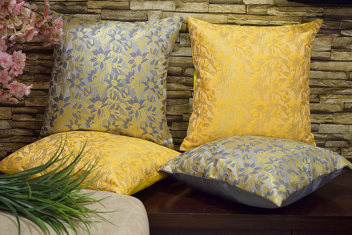 Bageecha Floral Brocade Silk Cushion Covers Combo (Yellow & Grey) - Image 3