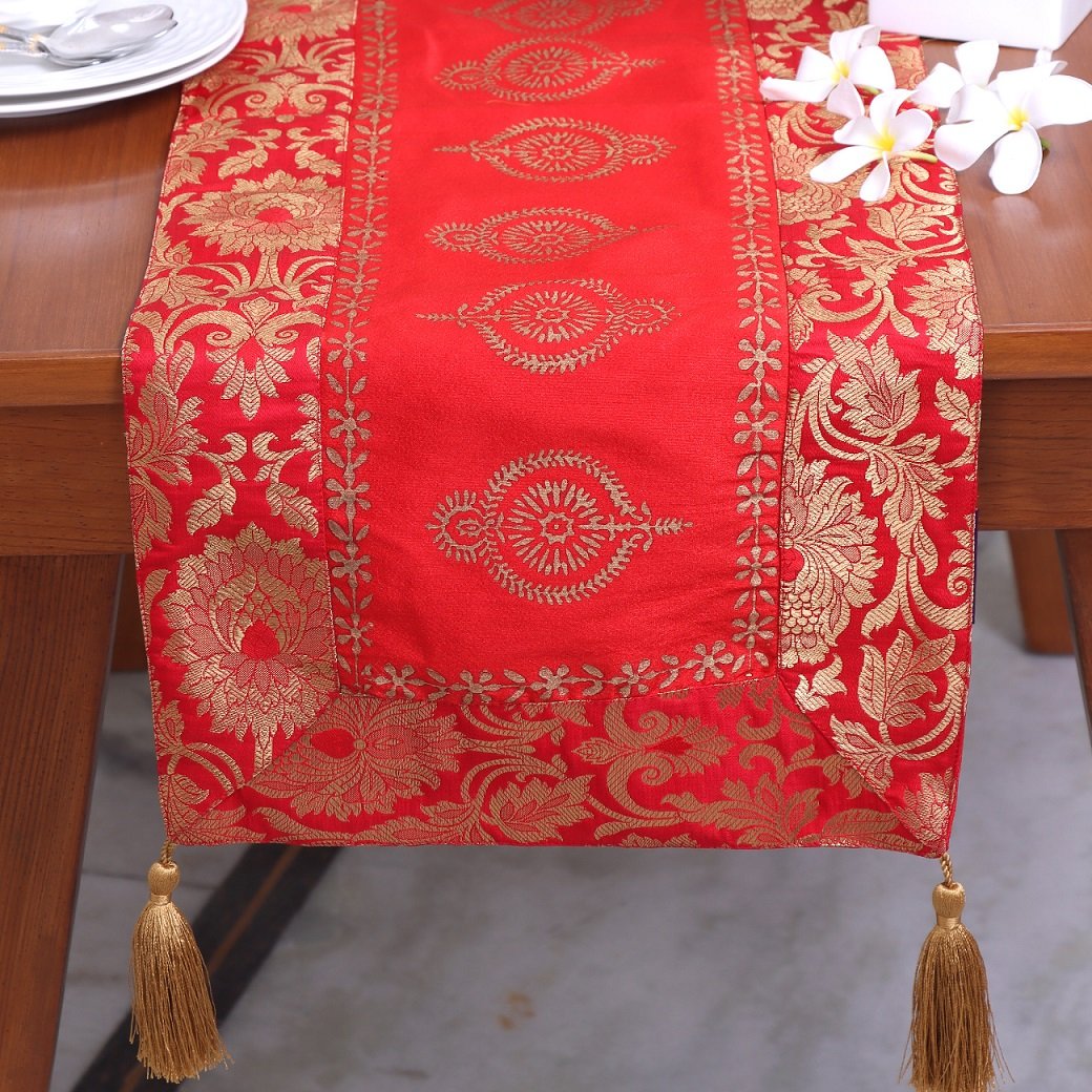 Mughal Banarasi Gardish Block Printed Table Runner - Red - Image 4