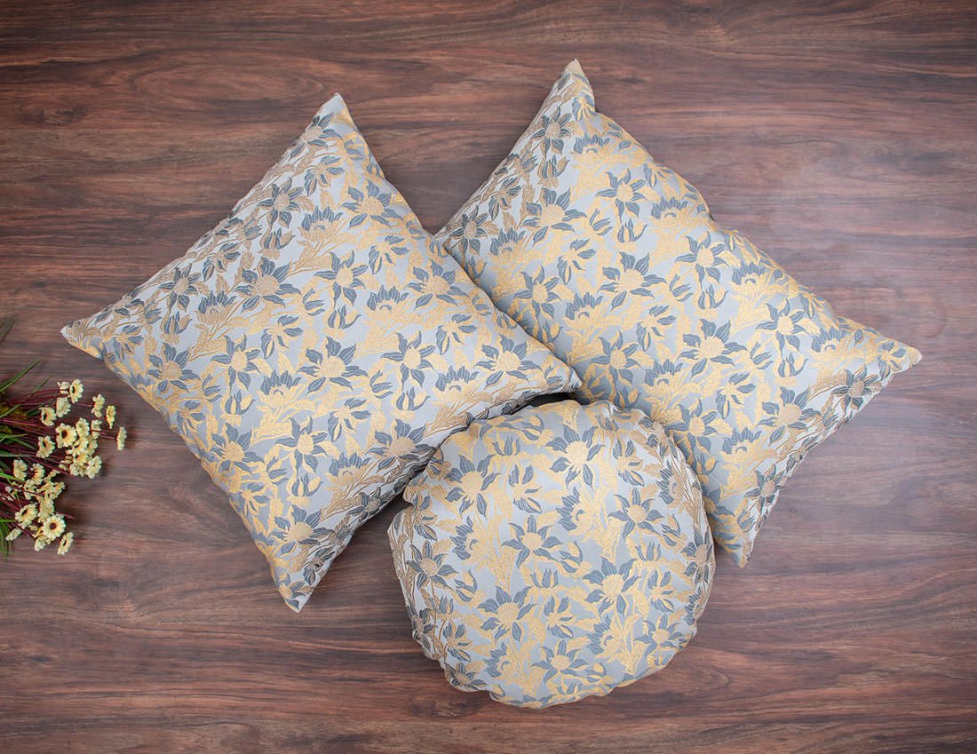 Grey Bageecha Floral Brocade Silk Rectangular Cushion Covers - Image 4