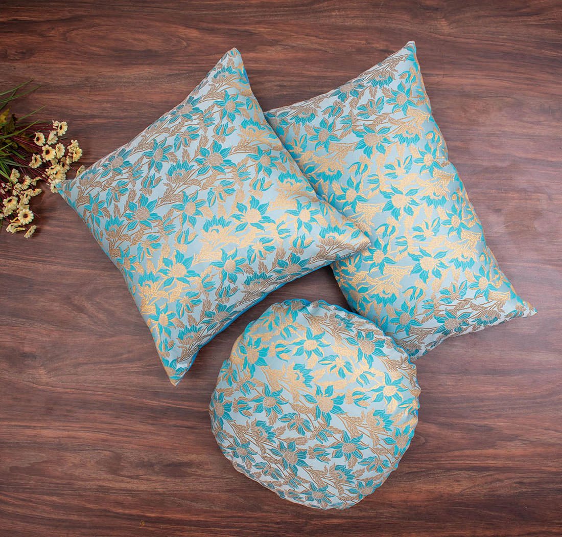 Sky Blue Bageecha Floral Brocade Silk Rectangular Cushion Covers - Image 3