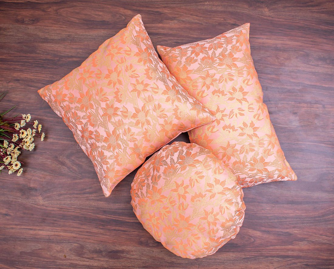 Peach Bageecha Floral Brocade Silk Rectangular Cushion Covers - Image 3