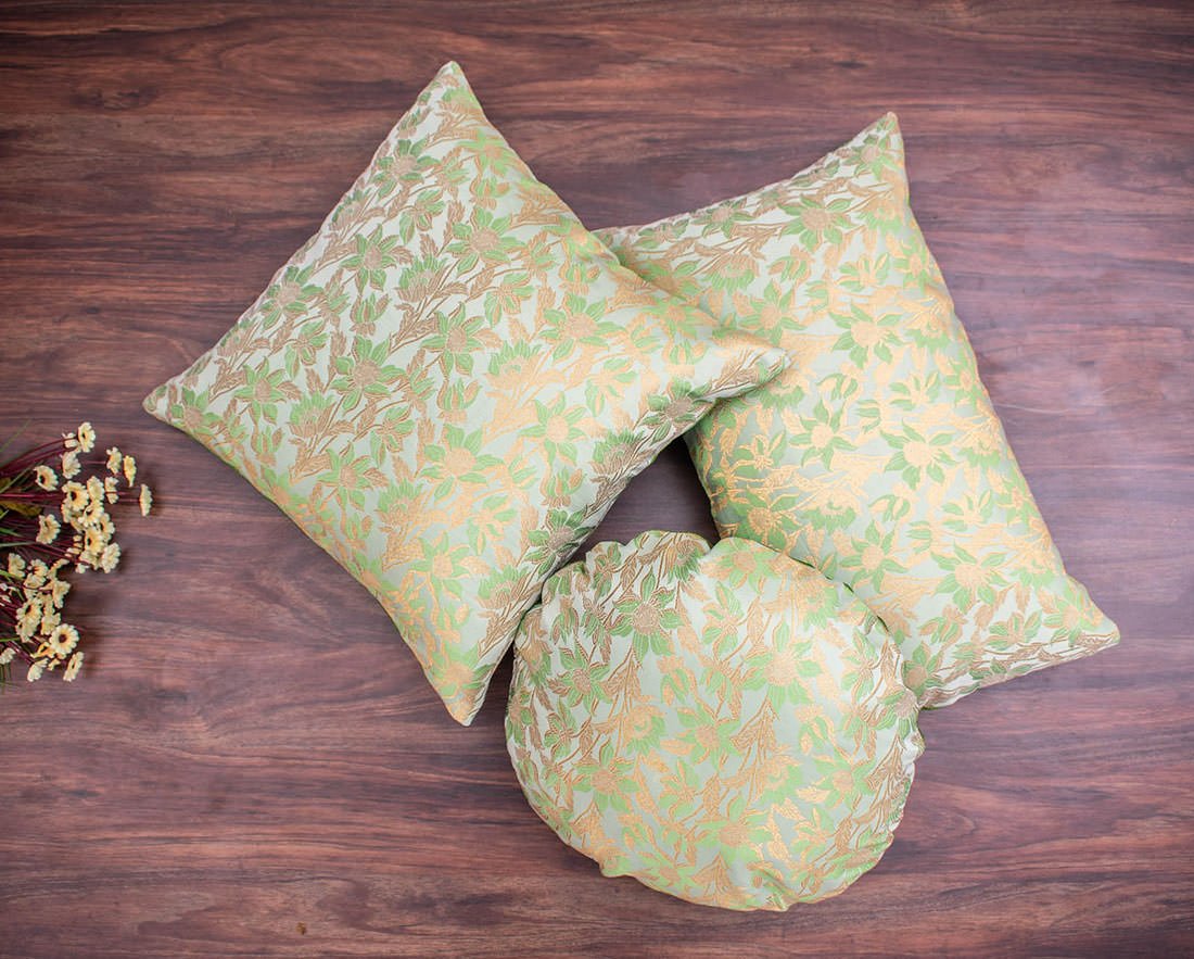 Sage Green Bageecha Floral Brocade Silk Rectangular Cushion Covers - Image 3